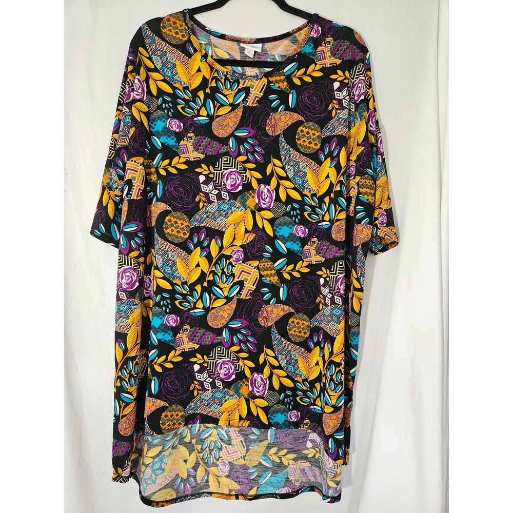 LuLaRoe Irma Tunic size Large Black/Purple/Multi Color Geometric Pattern